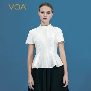 

VOA pearl white half high collar short sleeve splicing Ruffle edge organ pleated waist design Silk Slim T-shirt woman B9038