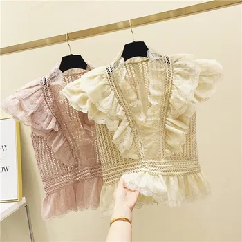 

Hollow Out Lace Shirt Women V-neck Court Lace Blouse 2020 Spring New Fashion Ruffle Princess Shirt Blouses Tops Crop Top Femme