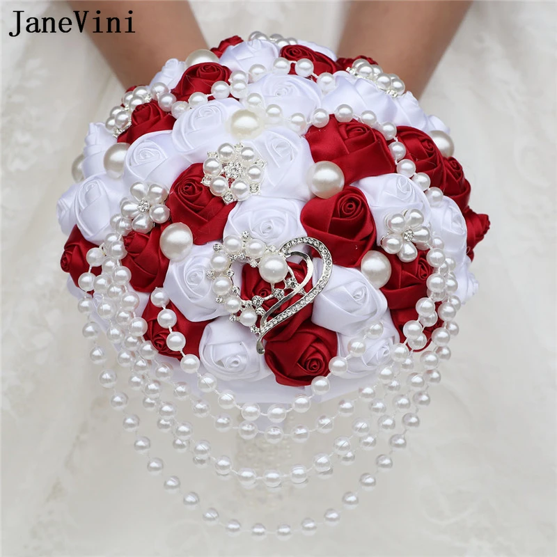 

JaneVini 2021 New Design Luxury Bridal Bouquets Pearls Artificial Satin Burgundy White Roses Wedding Bouquet Crystal Customized