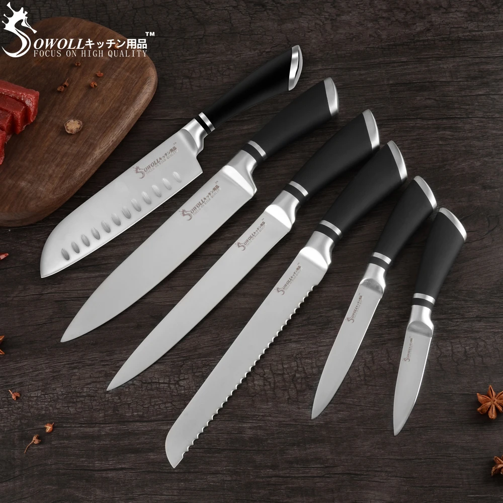 Sowoll кухонный нож сантоку из нержавеющей стали 7 дюймов ABS+ нержавеющая сталь черная ручка нож суши мясо рыба сашими фрукты инструменты