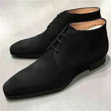 New Men Fashion Trend Classic All-match Dress Shoes Black Faux Suede Leather Low-heel Lace-up Gentleman Ankle Chukka Boots KA668