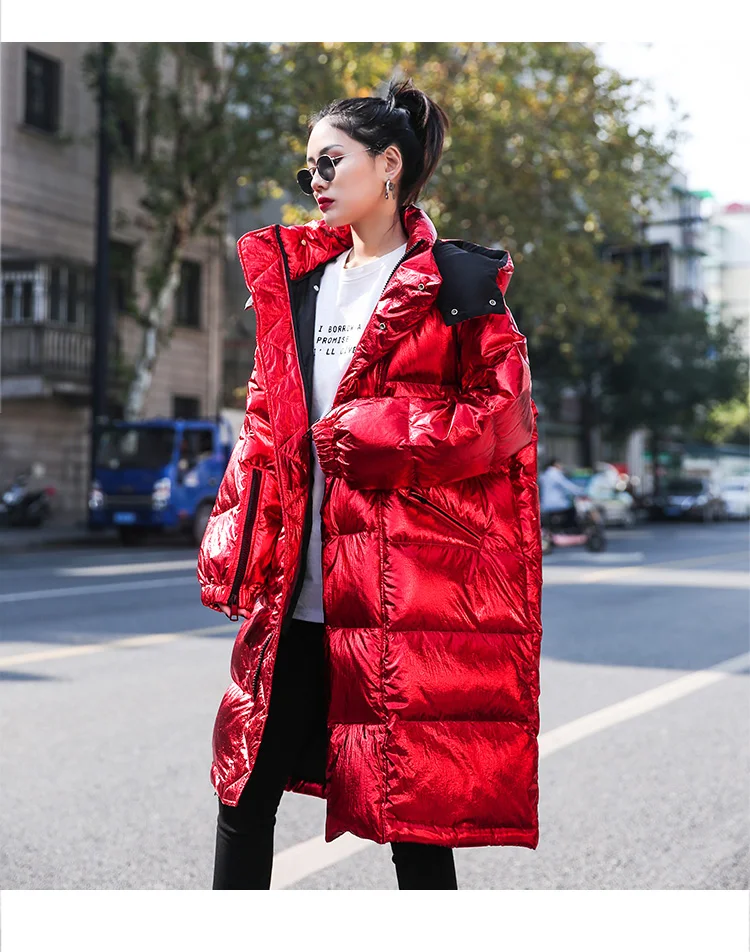 Длинная зимняя куртка, парка для женщин, новинка, яркая красная хлопковая стеганая куртка с капюшоном, верхняя одежда, Толстая теплая, плюс размер, пуховое хлопковое пальто