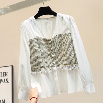

White Shirt women 2019 autumn Korean loose patchwork chiffon blouse fake two pieces long sleeve tops and blouses modis blusas