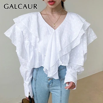 

GALCAUR Korean Patchwork Lace Ruffle Shirt Woman V Neck Butterfly Sleeve Hollow Out Oversize Loose Blouse Female Summer New 2020