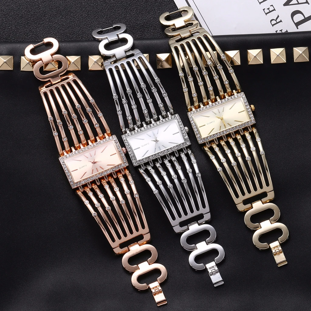 

Hot Sale Fashion Women Crystal Rhinestone Square Watches Luxury Ladies Stainless Steel Quartz Diamond Watch Clock Dropshipping