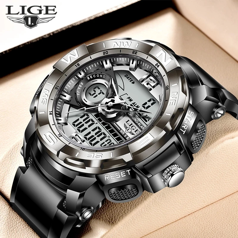 2022 LIGE Sport Men Quartz Digital Watch Creative Diving Watches Men Waterproof Alarm Watch Dual Display Clock Relogio Masculino
