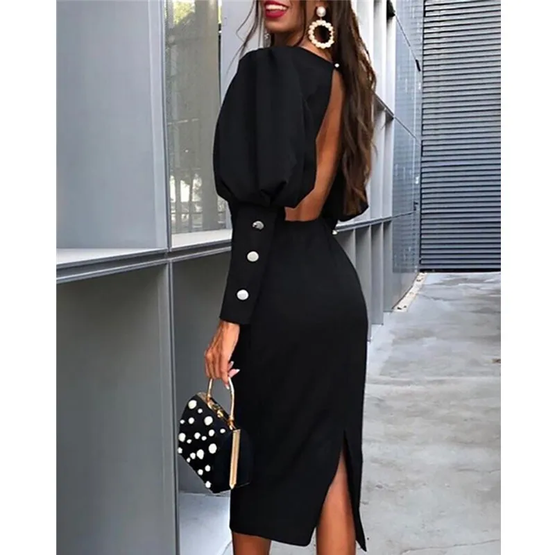 Amikafashion Summer Party Sexy Bodycon Dress Women Black Long Sleeve Open Back Dress O-Neck Button Decoration Vestidos New