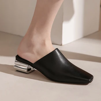 

Genuine leather strange high heels women slippers Summer Ladies Pumps Slip on Women Shoes square toe dress shoes woman