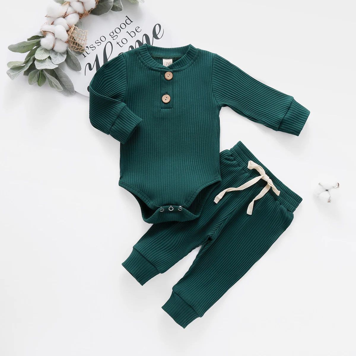 Infant Baby Knit Outfits Suits Buttons O-neck Ribbed solid clothes Long Sleeve Bodysuits Romper Top + Elastic Long Pant - Image 2