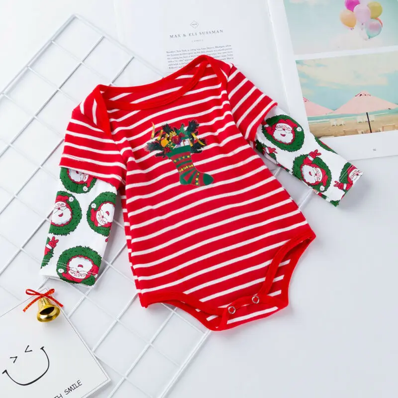 

New 2019 Christmas Romper Infant Baby Boys Girl Kids Xmas Santa Print Long Sleeve Striped Romper Clothes