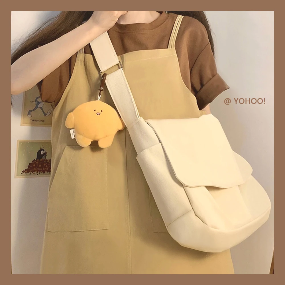 Simple Canvas Bag Solid Color Wide Shoulder Strap Single Shoulder Schoolbag Fashion Versatile Casual Student Women Messenger Bag