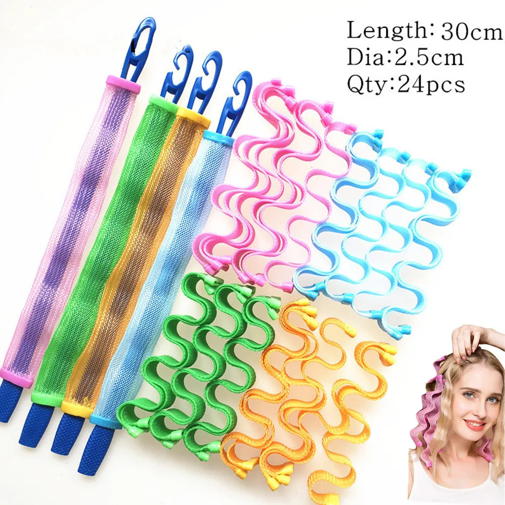 

24pc Wave Hair Curlers No Heat Curlers 30cm Spiral Curls Styling Kit Magic Heatless Hair Curler Rolls With Styling Hooks