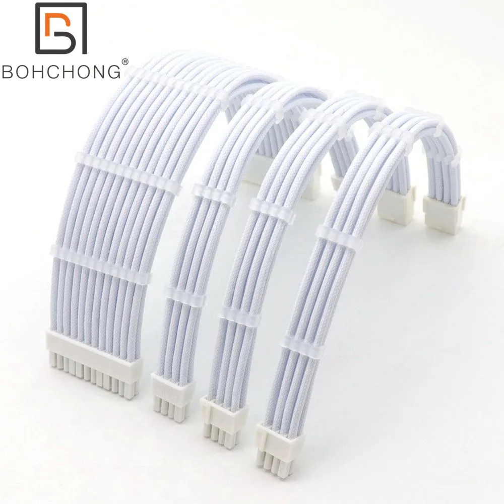 180 Degree Full White 4mm PET Basic Power Extension Cable Kit 1pcs ATX 24Pin 1pcs EPS 8Pin 2pcs PCI