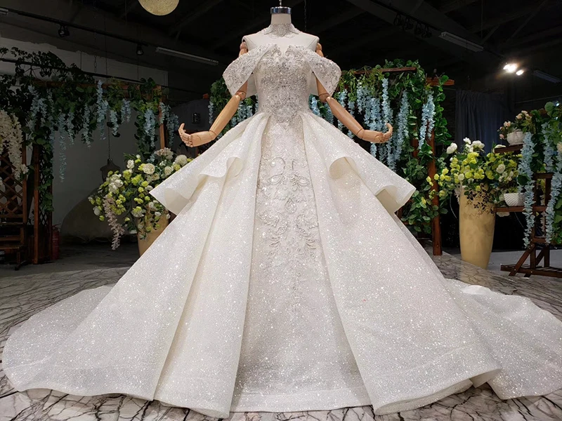 HTL988 vestido de noiva, свадебные платья принцессы, блестящее свадебное платье с открытыми плечами, воротником из бисера, цепочкой, королевским шлейфом, trajes de novia