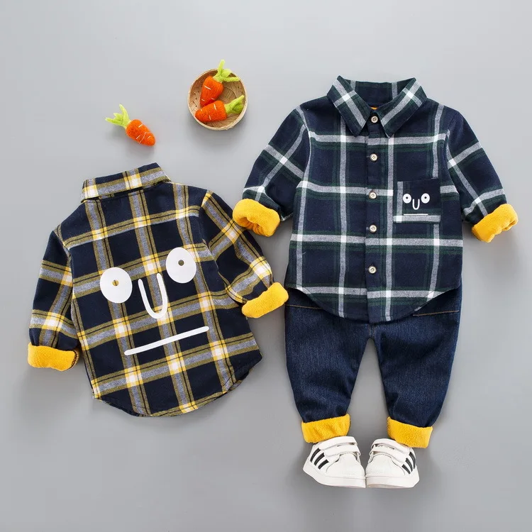 

2019 New Style Fall And Winter Clothes Children Male Baby Brushed And Thick with Big Eye Plaid Shirt Korean-style Set