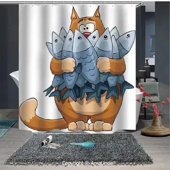 

Waterproof Polyester Printing Lightweight Shower Curtains Fat Cat Holding Bunch of Dead Fish Hungry Starving But Not Enough