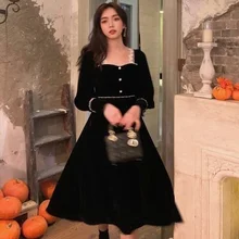 

QWEEK Vintage Velvet Black Dress Women Retro Elegant Wrap Badycon Square Collar Midi Dress for New Year 2022 Button Spring
