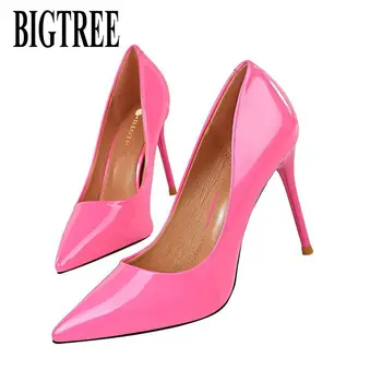 

BIGTREE 2020 New Shoes Woman High Heels Pumps 9.5 cm Pointed Toe Stilettos Sexy Ladies Wedding Shoes Black Heels Big Size 34-43