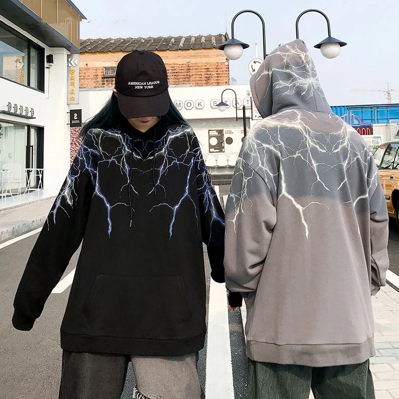  Hip Hop Lightning Print Hooded Sweatshirts Hoodies Streetwear Fashion Casual Punk Hipster Harajuku 