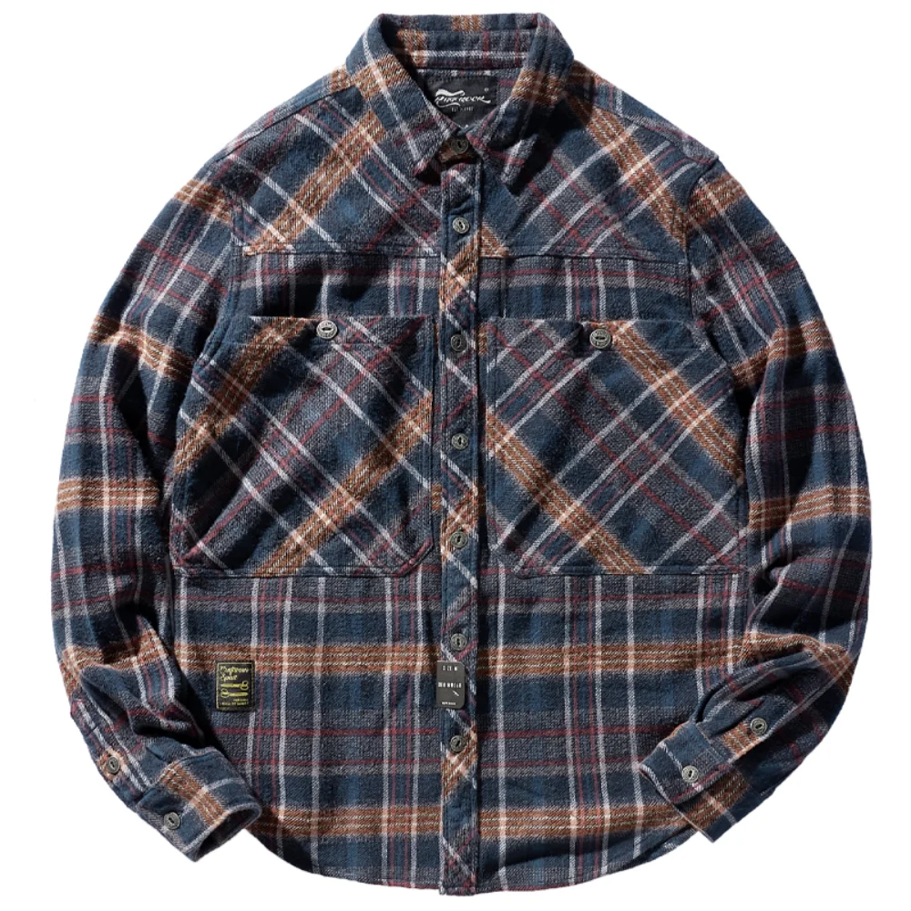 Мужская рубашка в клетку с начесом карманами длинными рукавами Осень-зима |