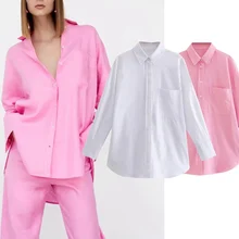 

Dave&Di Enlgand Fashion Simple Solid Linen Pockets Blusas Mujer De Moda 2021 Kimono Shirt Women Blouse And Tops