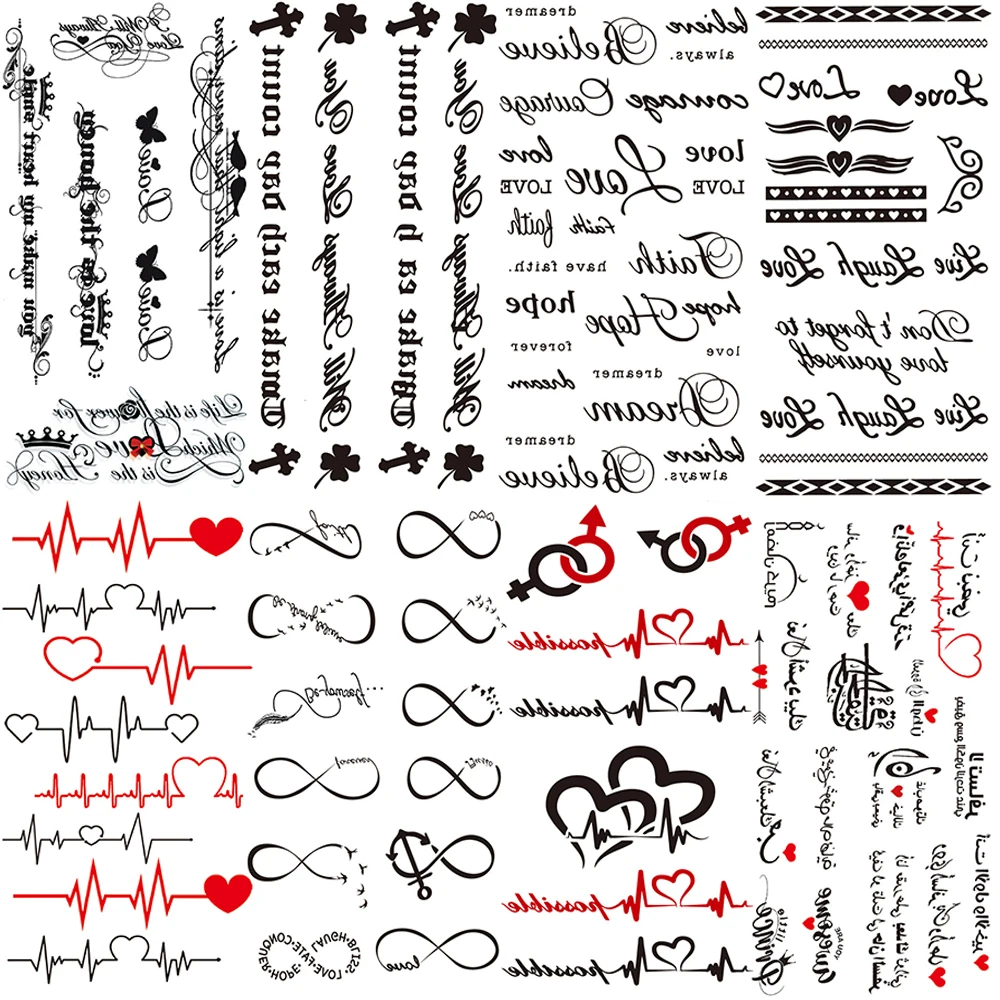 

Small Words Fake Temporary Tattoo For Kids Women Girls Letter Endless Tattoos Cute Heart Chains Waterproof Tatoo Body Finger Ear