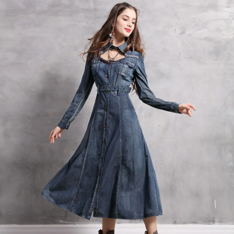

Brand WOMEN'S Dress 2019 Autumn Clothing New Style Fold-down Collar Embroidered Denim Skirt Retro Belt Long-sleeved Dress A82123