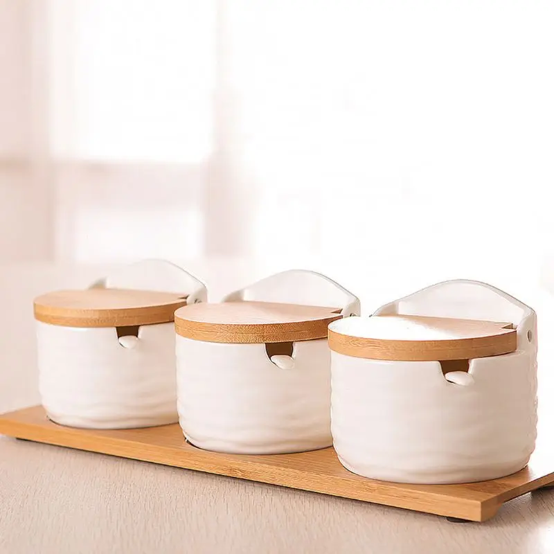 sugar bowl with lid spoon wooden seasoning jar kitchen tool salt storage box 1PC