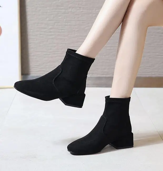 trend plus size women booties leather/flock stretch slip-on mid-calf socks boots new thick square heel fashion boots women shoes - Цвет: black flock