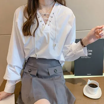

Women Office Work White Blouse Shirt V Neck Long Sleeve Office Lady Lace Up Tops