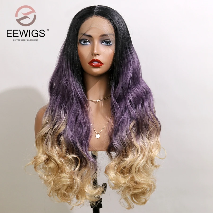 EEWIGS свободные волнистые волосы 3 тона Омбре парик фронта шнурка Glueless черный фиолетовый блонд синтетические парики термостойкие волокна