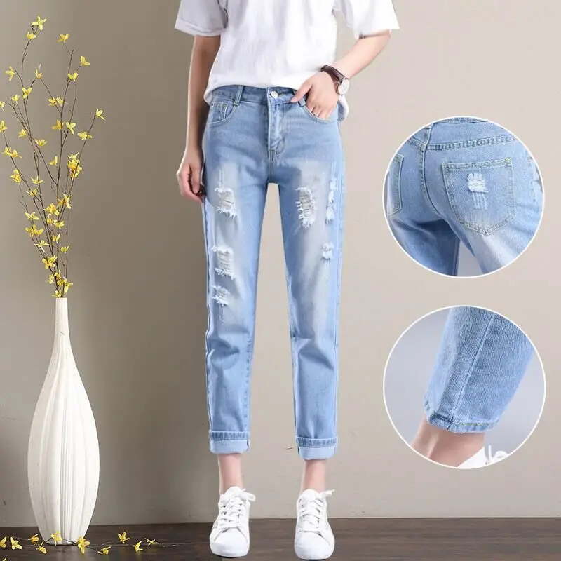 denim fabric Destroy Wash jeans women jeans ripped hole jeans high ...