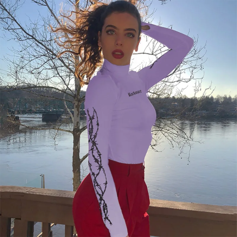 Tops Long Sleeve Women Harajuku Crop Turtleneck Purple Korean Fashion Style T-shirt Women Graphic Printed Women Tops
