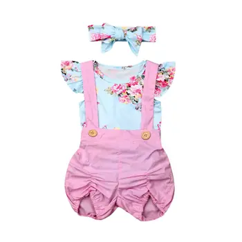 

Lovely Baby Girls Clothes Infant Kids Girl Cute Outfits 3Pcs Set Floral Romper + Overalls Shorts + Headband Summer Clothing