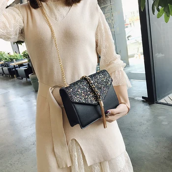 

2019 Fashion New Ladies Sequin Square bag High quality PU Leather Women's Designer Handbag Tassel Chain Shoulder Crossbody Bag