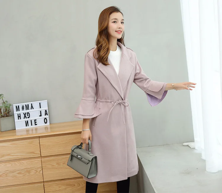Autumn And Winter New Style Korean-style Long Sleeve Fold-down Collar Loose-Fit Flounced Sleeves Long Drawstring Duffle Coa