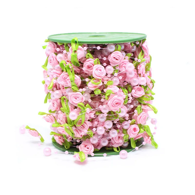 2M Pink Rose Pearl Leaf String Beads Garland Ribbon for Wedding Party Home Crafts Decoration DIY