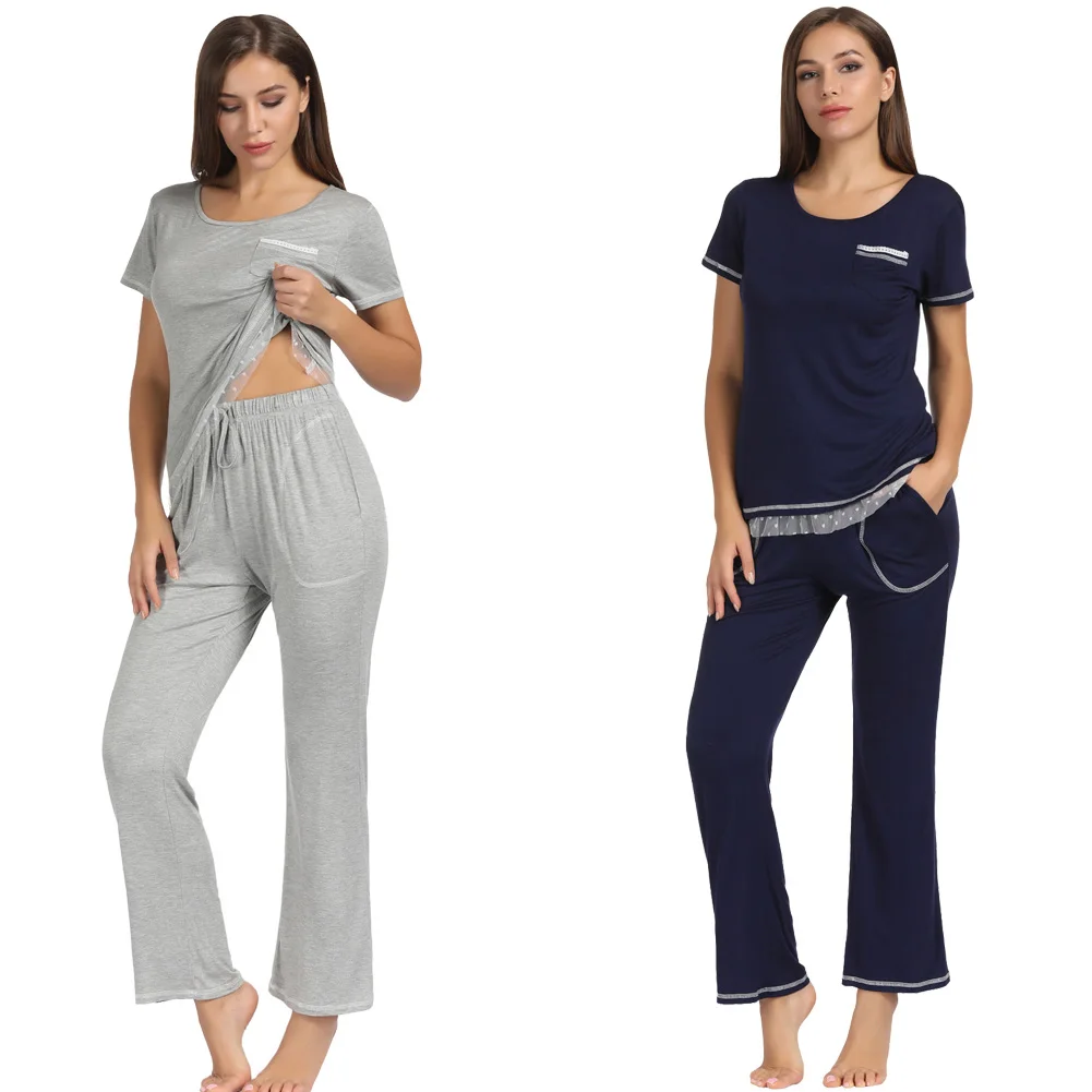 Comfy Tops+pants Pajama set Short sleeve Long Cotton Sleepwear Nightwear Loungewear Casual