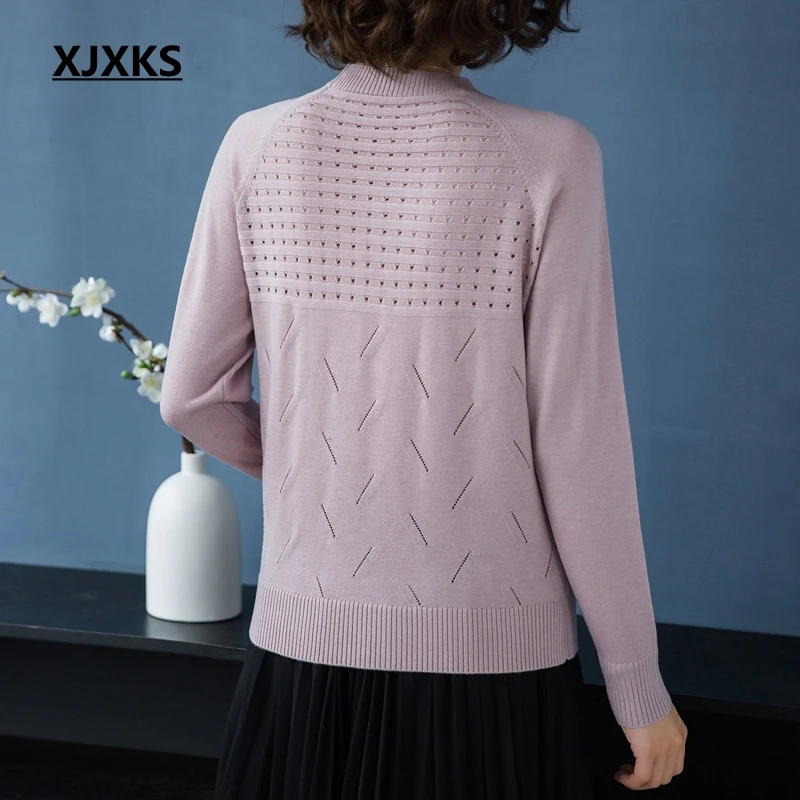 XJXKS Sueters De Mujer Moda элегантный шерстяной пуловер женский полый сплошной цвет длинный рукав женский вязаный свитер