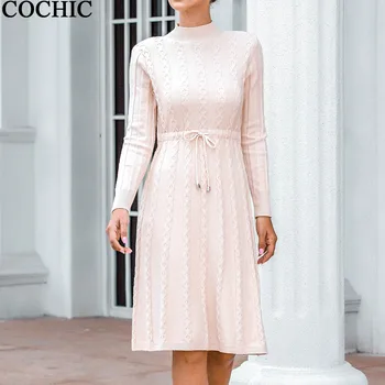 

Women Spring Autumn Half-turtleneck Warm Knit Dress Drawstring Solid Color Casual Twist Sweater Dresses