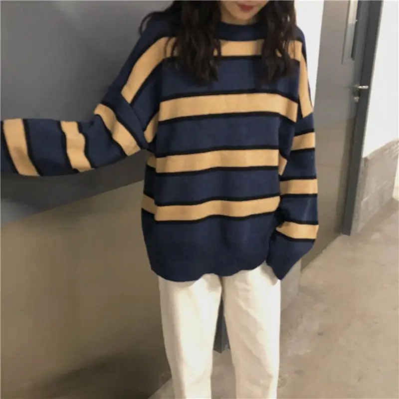 

Ladies Autumn Winter Striped Sweater Women Pullover Plus Size Loose Sweaters Oversized Casual Sweater Jumper