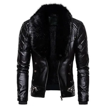 

Faux Leather Jacket Fur Collar Autumn Winter Mens Leather Coat Casual Tops Cashmere Outerwear Thick Warm Zipper Cardigan