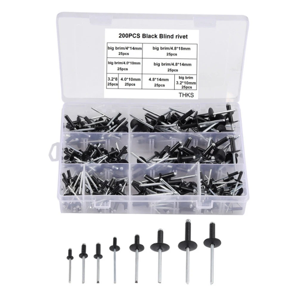 200Pcs Black Rivets Aluminum Dome Head Blind Pop Rivets Nail Pull Core
