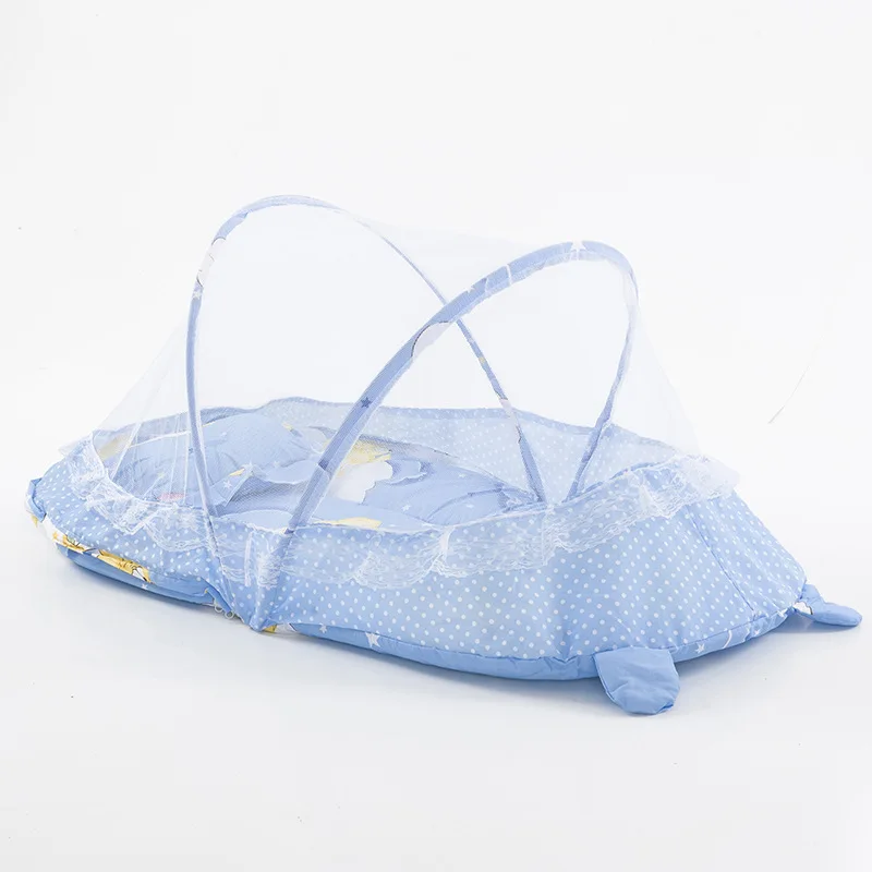 New Portable Foldable Baby Kids Infant Bed Dot Zipper Mosquito Net Tent Crib Sleeping Cushion Collapsible Portable Pink and Blue