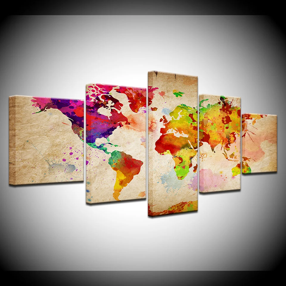 5 Panel/Piece Hd Print Watercolor Retro Vintage World Map Modern Art Wall Posters Canvas For Home Living Room Decoration|Painting & Calligraphy| - Aliexpress