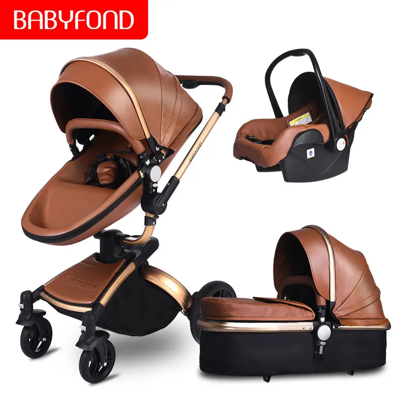 Babyfond коляска 3в1, высокий пейзаж, складная, двусторонняя, ударная, детская коляска, может сидеть и лежать, светильник на колесиках - Цвет: 735brown3in1