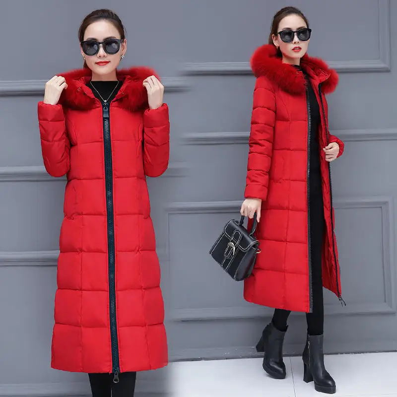 Red Parkas Длинная зимняя куртка женская одежда негабаритный теплый толстый пуховик хлопковое пальто женский меховой воротник стеганое тонкое зимнее пальто Верхняя одежда Q2015 - Color: Red Parkas