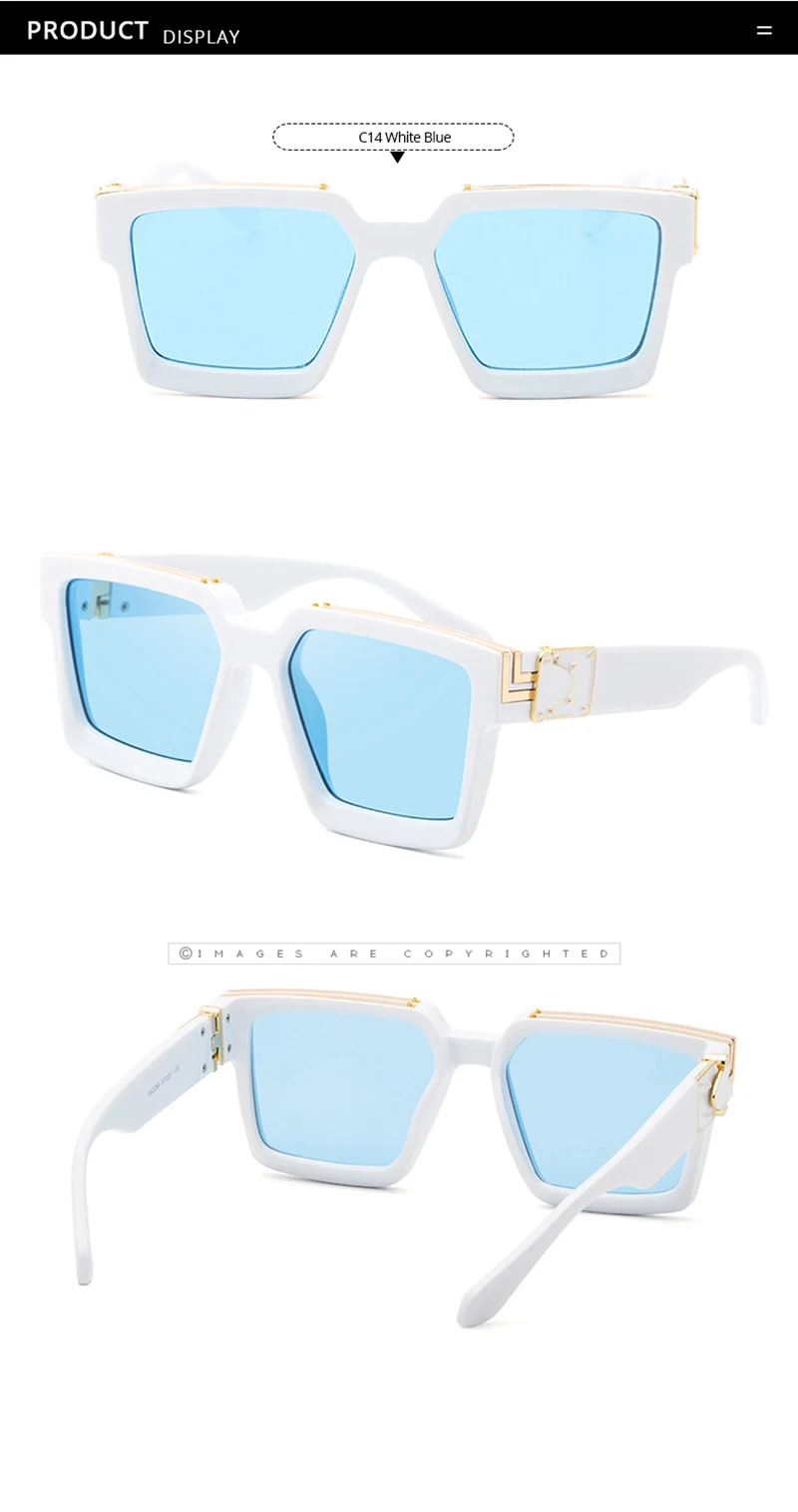 Displayed against a white background are three views of the Oversized Sunglasses for Men and Women, featuring fashionably thick, white rectangular frames with blue lenses. These retro designer style sunglasses include distinctive gold accents on the temples and provide UV400 protection for your eyes.