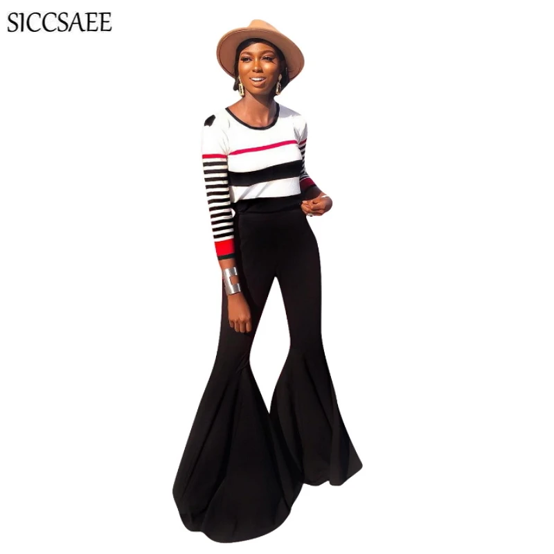 

Striped Printed Top Bell Bottom Pants Two Piece Set Sexy Casual Outfits Sweat Suit 2020 Spring New Clothing Sets Ensemble Femme