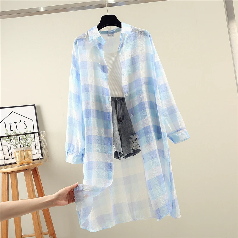 2019 Summer New Women Casual Medium length fund Multi color Shirts Loose Long Sleeve Plaid Shirt Thin coat